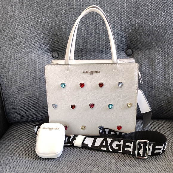 🤍 Karl Lagerfeld Paris White Leather Satchel Purse. Rainbow Heart Jewels. NWT! - Picture 4 of 16